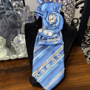 Elegant Blue Striped Tie with Embellishments